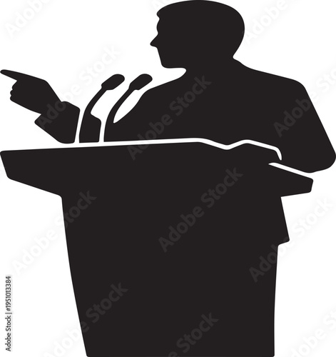 Silhouette of a man giving a speech at a podium with microphones