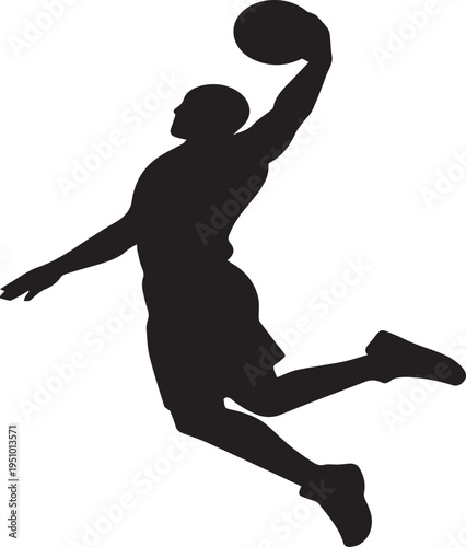 Silhouette of a basketball player jumping to dunk a ball in mid air motion