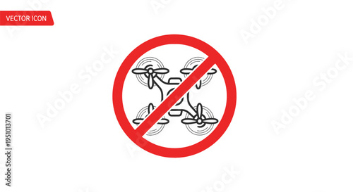 Simple black line art icon depicting a quadcopter drone prohibited by a thick red circle and diagonal slash signifying no entry or forbidden action.