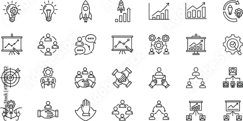 Business innovation and startup strategy line icon set featuring idea generation, teamwork collaboration, growth charts, leadership planning and project management concepts