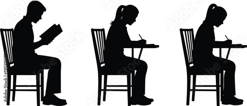 Students silhouettes studying and writing, reading book and doing homework, education concept, school learning activity, black vector illustration isolated set