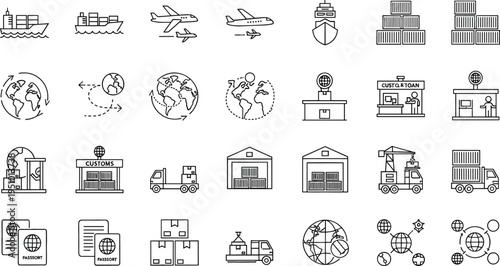 Global shipping and logistics line icon set featuring cargo ships, airplanes, warehouses, delivery trucks, international trade routes and supply chain systems