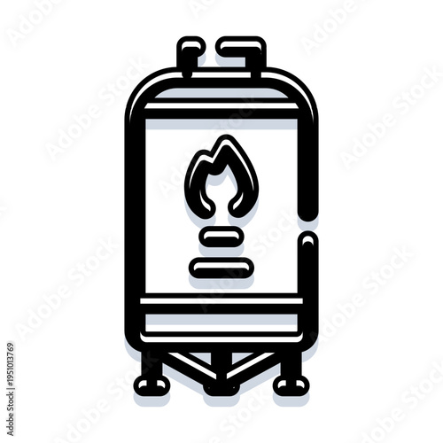 Industrial gas fuel tank icon with flame symbol, flat vector outline representing flammable storage, energy and industrial safety for web, app and graphic design projects
