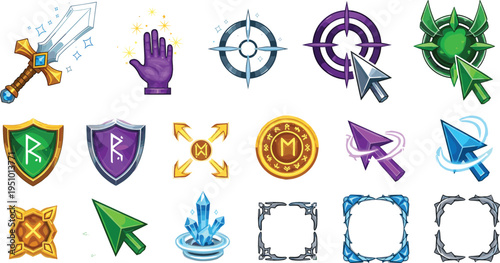 Fantasy RPG game UI vector icon set featuring magic swords, shields, cursors, coins, crystals, compass symbols and decorative interface frames
