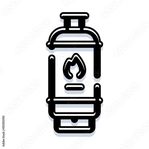 Gas cylinder icon depicting a flame, representing concepts of fuel, energy, heating, combustible substances, industry, and the safe storage of propane or butane