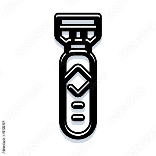 Electric shaver with multiple blades and power indicator icon, minimalist black and white vector illustrating men's grooming, daily hygiene routine, modern trimming tool and tech