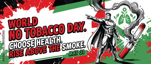 Tobacco Smoking Cessation Awareness Illustration Featuring Superhero and Healthy Lungs