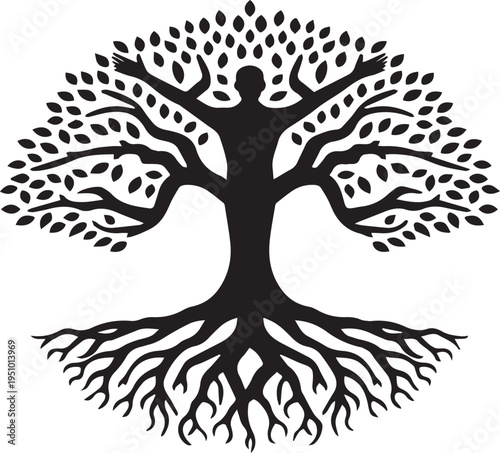 Tree of life symbol with human figure and roots on white background