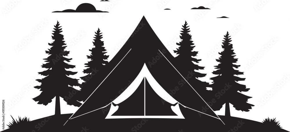 Obraz premium Black and white illustration of a tent in a forest at sunset with pine trees