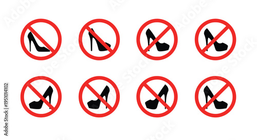 Collection of prohibited high heel shoe icons displayed in a strict no entry prohibition format against a clean white background for universal graphic design use