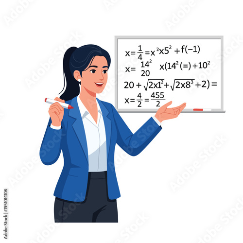 A smiling woman in a blue suit explains mathematical equations on a whiteboard