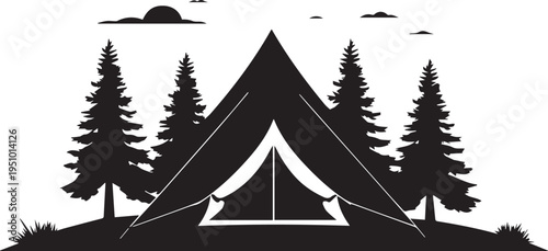 Black and white illustration of a tent in a forest at sunset with pine trees