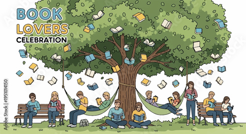 People relaxing under tree with books floating around in celebration reading lovers festival