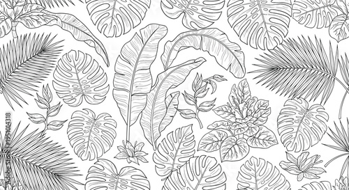 Tropical jungle leaves hand drawn vector pattern featuring monstera, palm, banana and exotic botanical foliage in vintage engraving style background