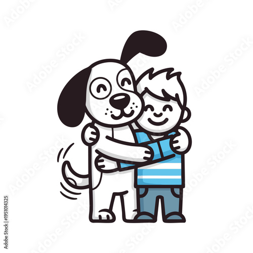 A cartoon dog hugs a smiling boy, both wearing blue striped shirts and jeans
