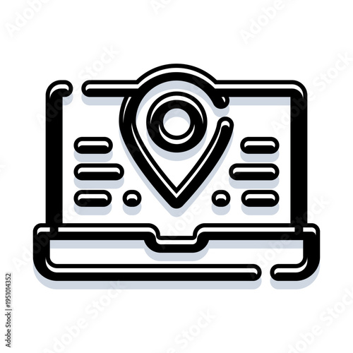 Laptop screen displaying a prominent map pin icon and data elements, conveying concepts of online location tracking, navigation, travel planning, and digital services