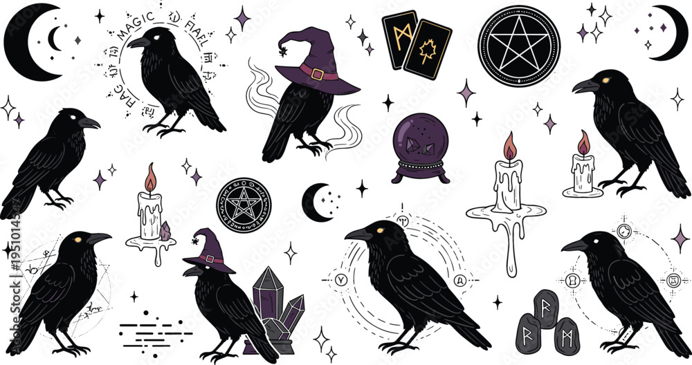 Obraz premium Mystical raven and witchcraft elements vector set with black crows, candles, moon phases, crystals, pentagram and gothic occult magic symbols