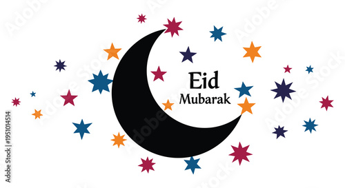 A colorful crescent moon and stars celebrate eid mubarak with a striking black silhouette high quality