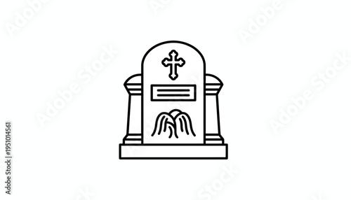 Grave Headstone Icon with Cross and Flowers - Funeral Memorial Symbol