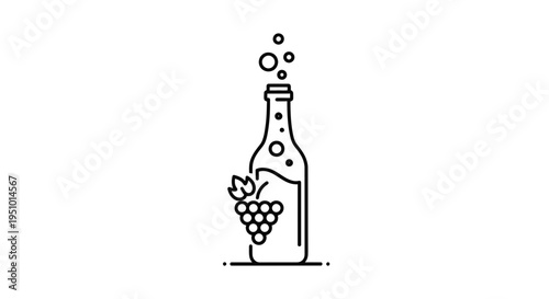 Grape Wine Bottle Icon with Bubbles and Grapes, Minimalist Line Art