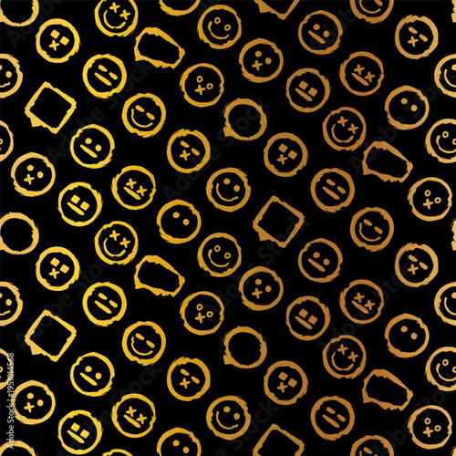 Boho Gold Black Grunge Seamless Pattern. Hand Drawn Luxury Ornament