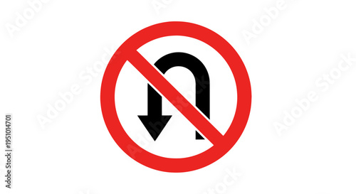 Clear graphic illustration of a standardized prohibition traffic sign indicating no u-turns allowed for vehicles on roads and highways worldwide