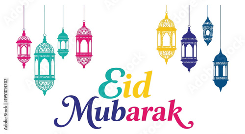 Colorful eid mubarak greeting with ornate hanging lanterns and decorative calligraphy silhouette high quality professional detailed