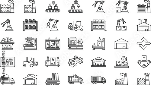 Industrial manufacturing and factory production line icon set featuring robotics assembly, warehouse logistics, conveyor systems, forklifts and smart industry technology