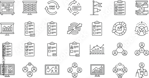 Business workflow and project management line icon set featuring strategy planning, analytics charts, task checklist, teamwork collaboration and performance tracking