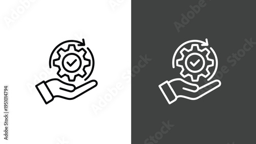 Hand holding gear with check mark showing service approval and quality assurance concept illustration