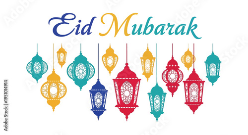 Colorful eid mubarak greeting with ornate lanterns in a striking silhouette high quality professional detailed modern
