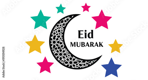 A colorful eid mubarak greeting featuring stars a crescent moon and decorative text silhouette high quality