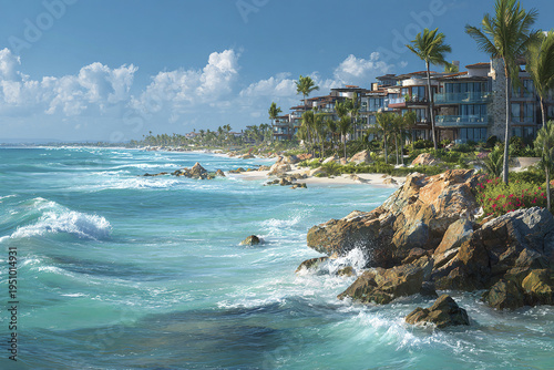 Sunny tropical coastline with luxury condominiums, palm trees, and rocky shore under blue sky with clouds, waves crashing on beach creating peaceful and vibrant atmosphere