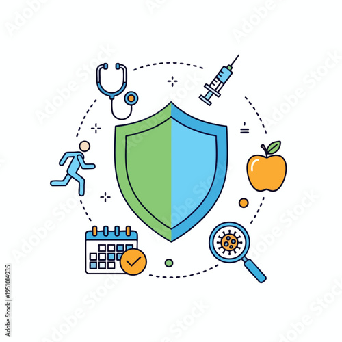 Health shield with icons for prevention, care, fitness, and virus detection
