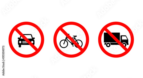A set of three distinct black silhouette traffic prohibition signs indicating no entry for cars bicycles and trucks isolated on white
