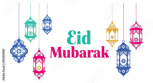 Colorful eid mubarak greeting with ornate hanging lanterns and decorative floral elements silhouette high quality