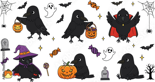 Cute Halloween raven cartoon vector set with pumpkins, candy bucket, witch hat, ghost, bats and spooky autumn holiday characters