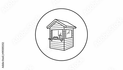 Hand-drawn illustration of a small food kiosk with a hot dog and drink