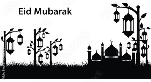 A festive eid mubarak greeting featuring a black silhouette of a mosque and illuminated lanterns silhouette