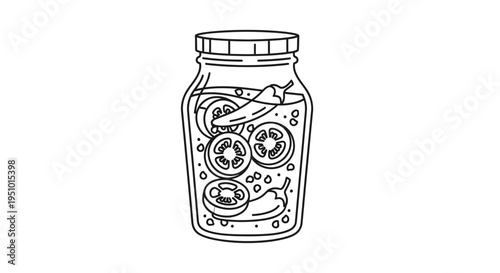 Hand-drawn illustration of pickled tomatoes and chili peppers in a jar