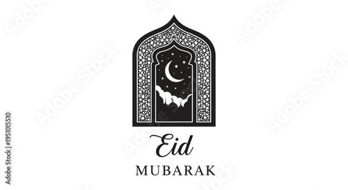 An ornate arched window displays a crescent moon and stars a festive eid mubarak greeting silhouette