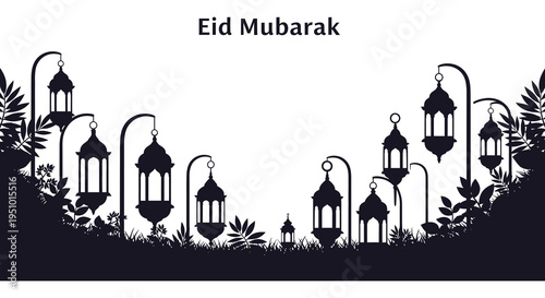 A festive eid mubarak greeting featuring ornate lanterns and foliage in a dark silhouette high quality