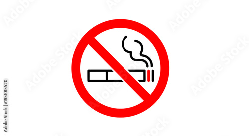 Simple and clear prohibition sign indicating no smoking allowed in public areas with a black line drawing of a lit cigarette crossed out by a red circle and diagonal slash