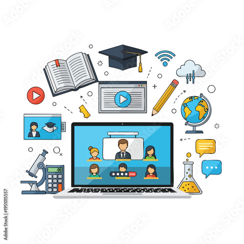 A collage of educational icons depicting online learning and study