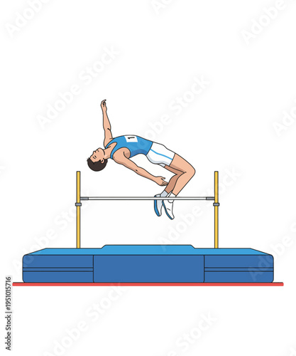 Male athlete performing the classic straddle technique successfully clearing the high jump bar with precision