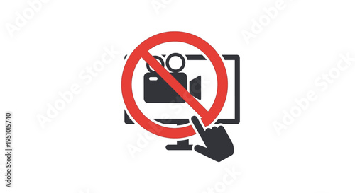 Graphic icon clearly indicating that video recording or capturing content on a computer screen is strictly prohibited and forbidden by pressing or clicking the notification symbol
