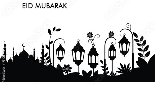 An eid mubarak greeting featuring a city skyline and ornate lamps in black silhouette high quality