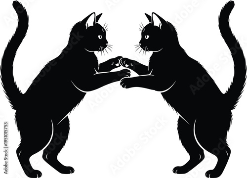 Black silhouette illustration of two standing cats touching paws, mirrored feline confrontation or playful fight, domestic pet vector design isolated on light background