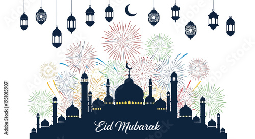 Festive eid mubarak celebration with fireworks a crescent moon and a mosque silhouette high quality professional
