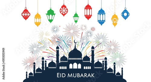 Colorful lanterns and fireworks illuminate a mosque celebrating eid mubarak a striking silhouette high quality professional